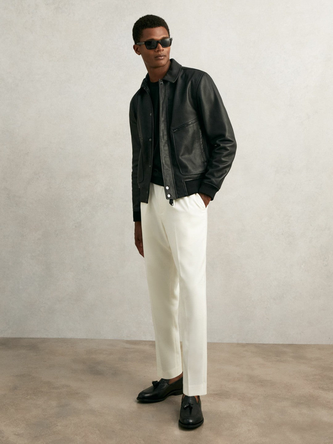 Grained Leather Zip Through Jacket in Black Men | Reiss