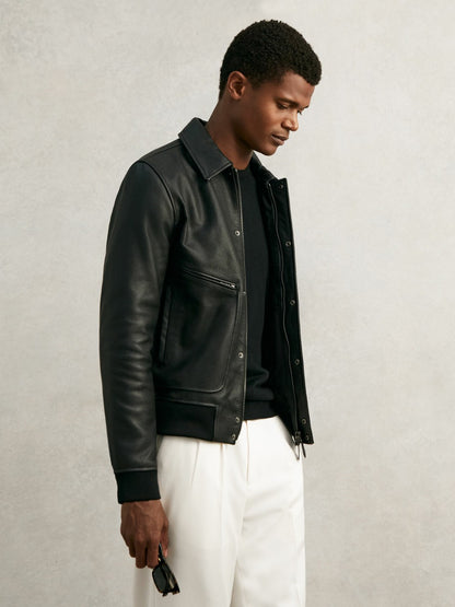 Grained Leather Zip Through Jacket in Black Men | Reiss