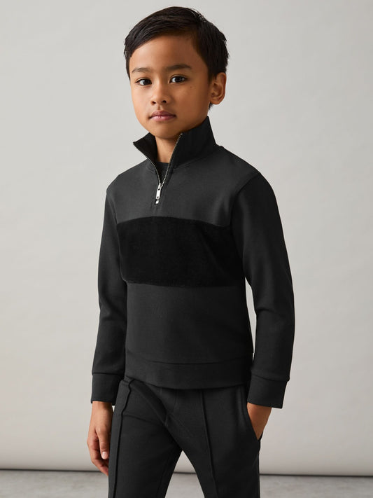 9-13 yrs Interlock Velour-Panel Zip Sweatshirt in Black Children & Baby | Reiss
