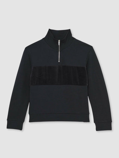 9-13 yrs Slim Fit Half-Zip Funnel Neck Velour Sweatshirt in Navy Blue Children & Baby | Reiss