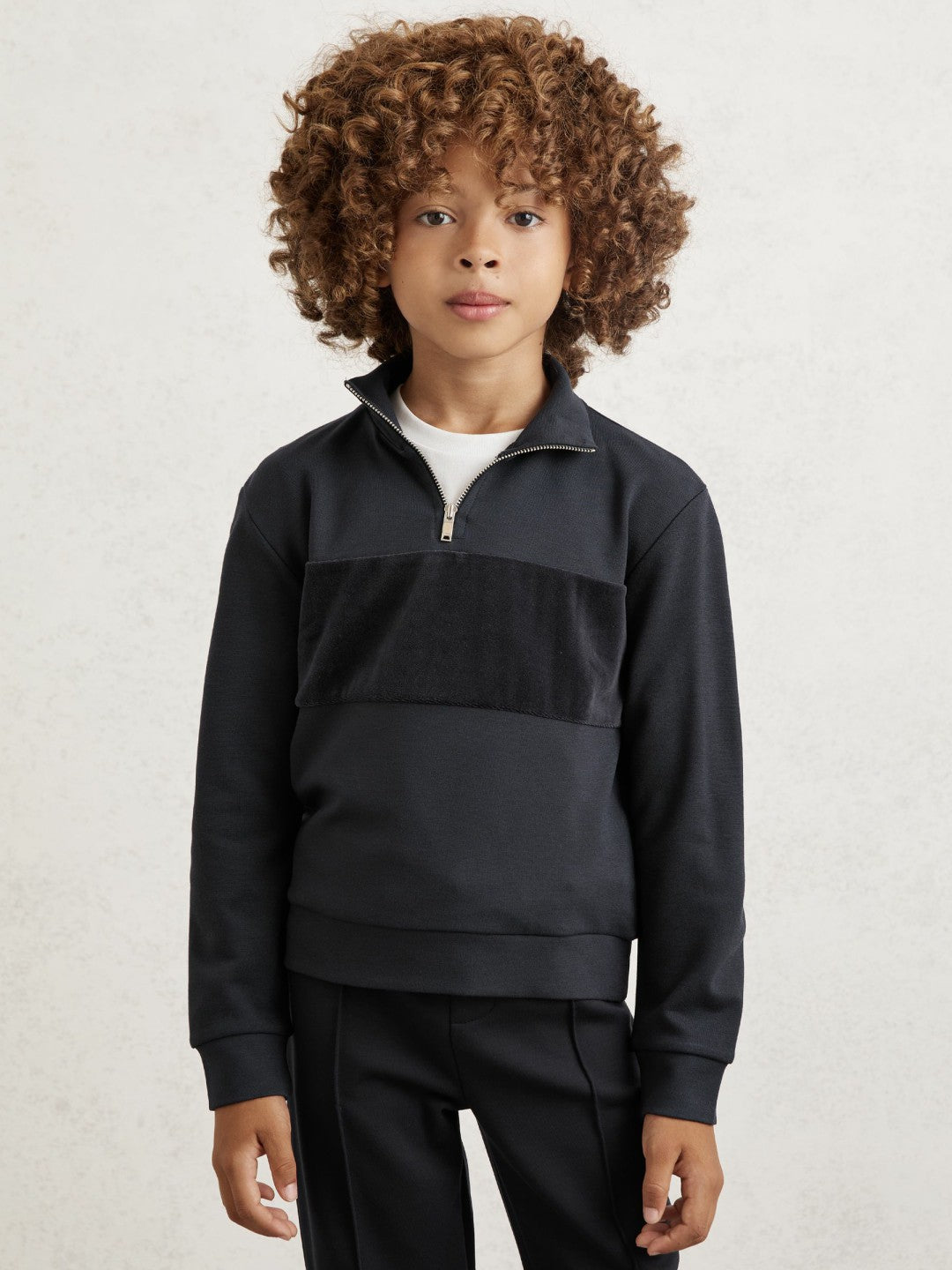 9-13 yrs Slim Fit Half-Zip Funnel Neck Velour Sweatshirt in Navy Blue Children & Baby | Reiss