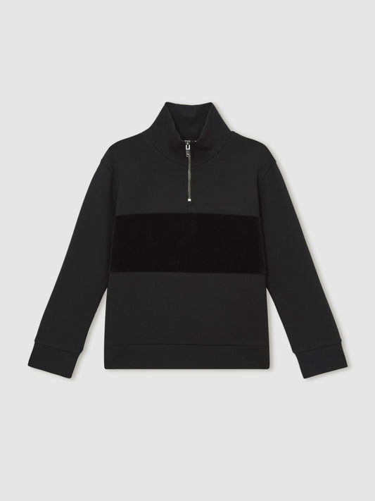 13-14 yrs Slim Fit Half-Zip Funnel Neck Velour Sweatshirt in Black Children & Baby | Reiss