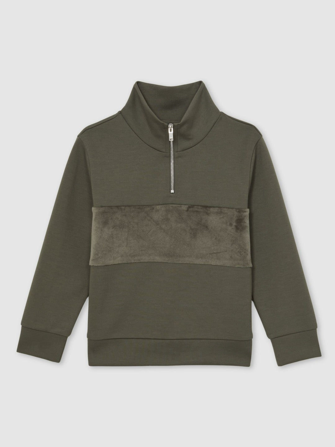 3-9 yrs Slim Fit Half-Zip Funnel Neck Velour Sweatshirt in Dark Sage Green Children & Baby | Reiss