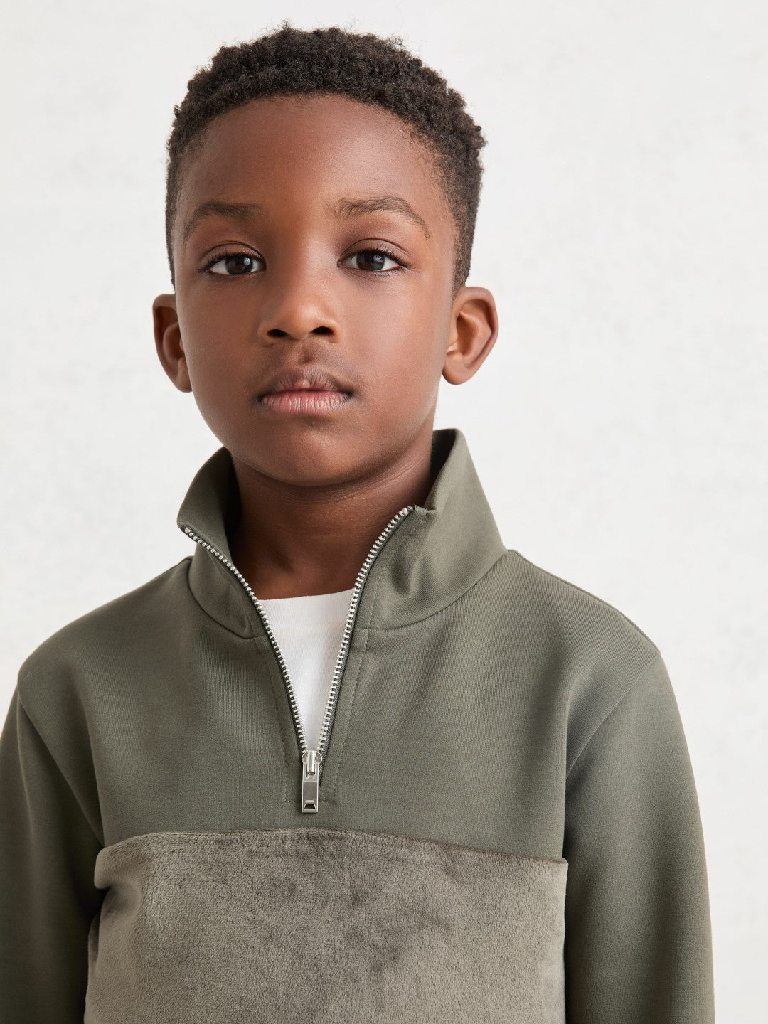3-9 yrs Slim Fit Half-Zip Funnel Neck Velour Sweatshirt in Dark Sage Green Children & Baby | Reiss