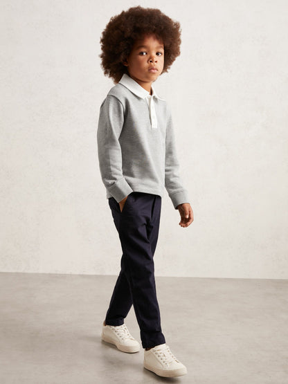 Cotton Half Button Rugby Polo Shirt in Grey Marl/White Children & Baby | Reiss