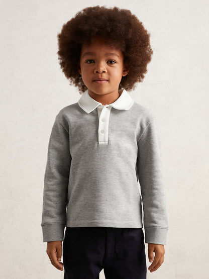 Cotton Half-Button Rugby Polo Shirt in Grey Marl/White Children & Baby | Reiss