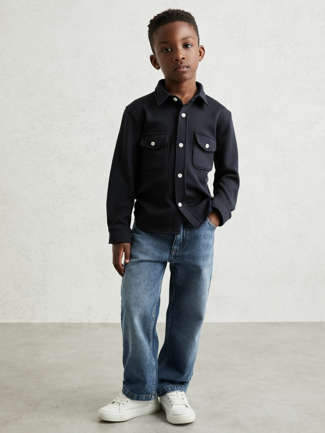 9-13 yrs Waffle-Textured Twin-Pocket Overshirt in Navy Children & Baby | Reiss
