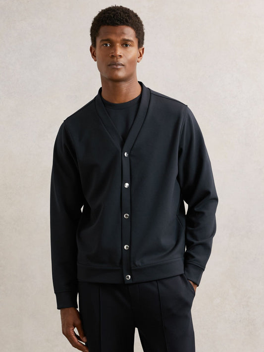 V-Neck Interlock Jersey Cardigan in Navy Men | Reiss