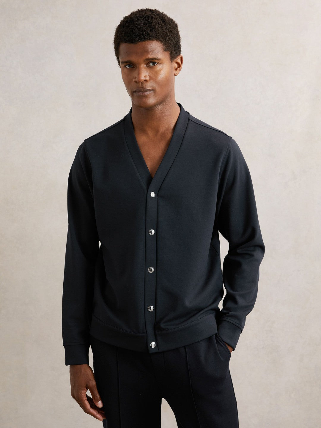 V-Neck Interlock Jersey Cardigan in Navy Men | Reiss