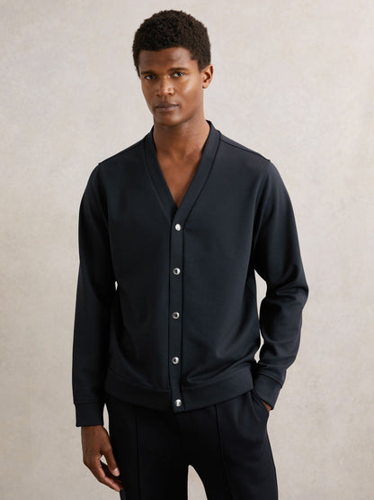 V-Neck Interlock Jersey Cardigan in Navy Men | Reiss