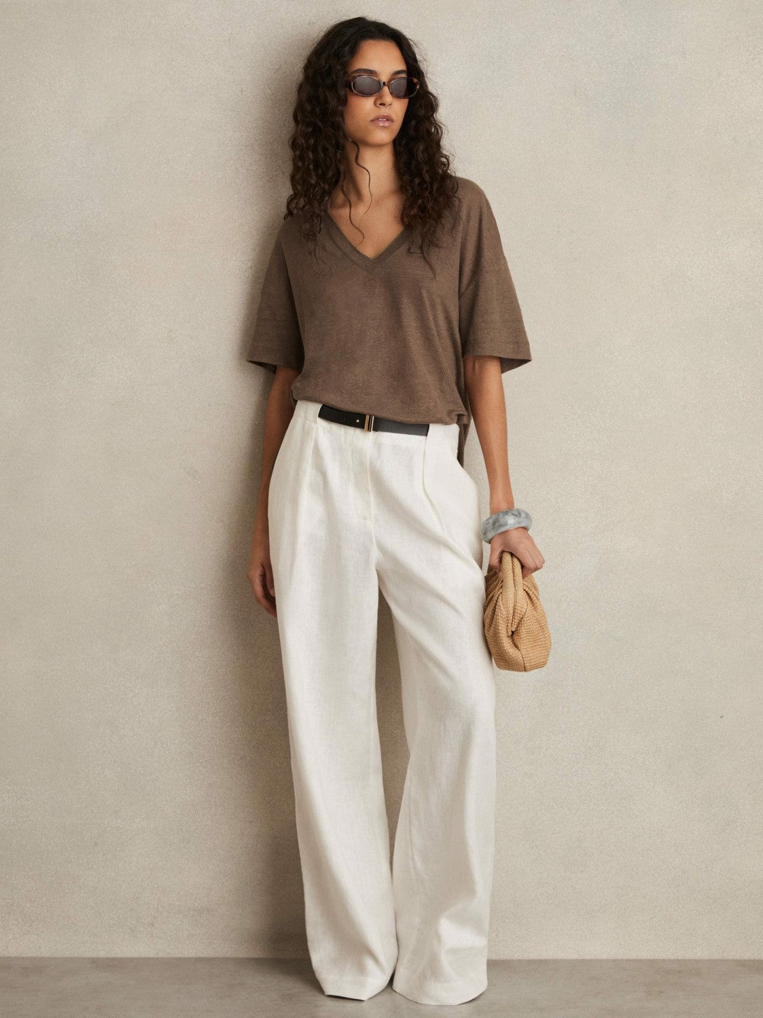 Linen V-Neck T-Shirt in Brown Women | Reiss