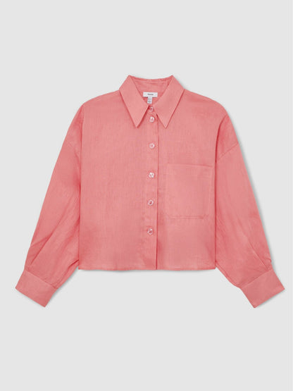 Oversize Linen Cropped Shirt in Pink Women | Reiss