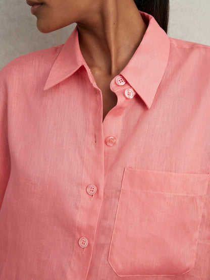 Oversize Linen Cropped Shirt in Pink Women | Reiss