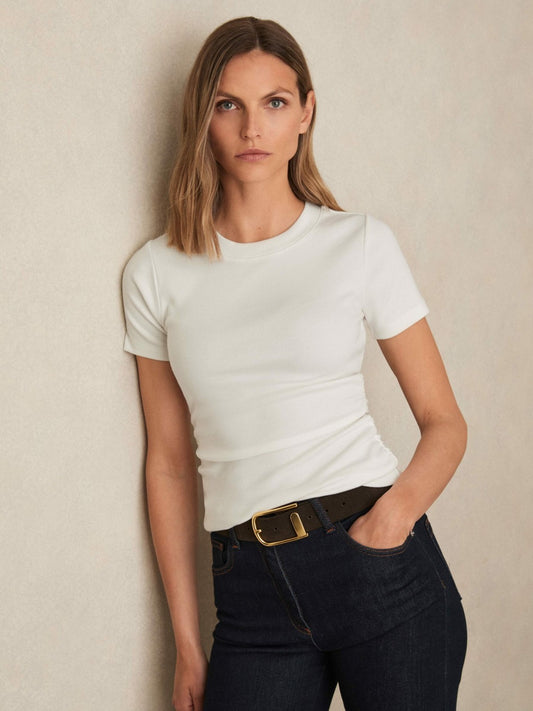 Stretch-Cotton Ruched Ribbed T-Shirt in White Women | Reiss