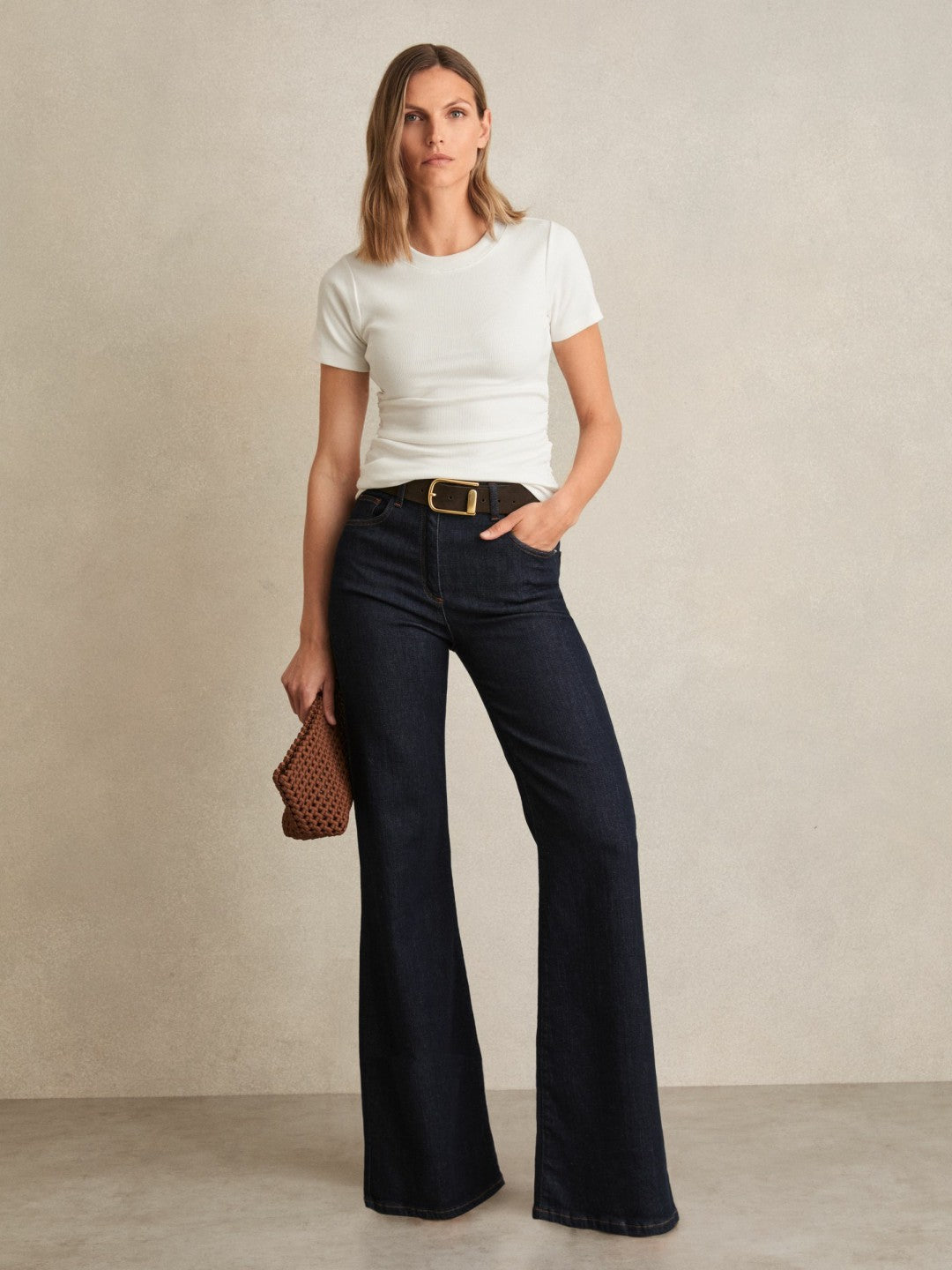 Stretch-Cotton Ruched Ribbed T-Shirt in White Women | Reiss