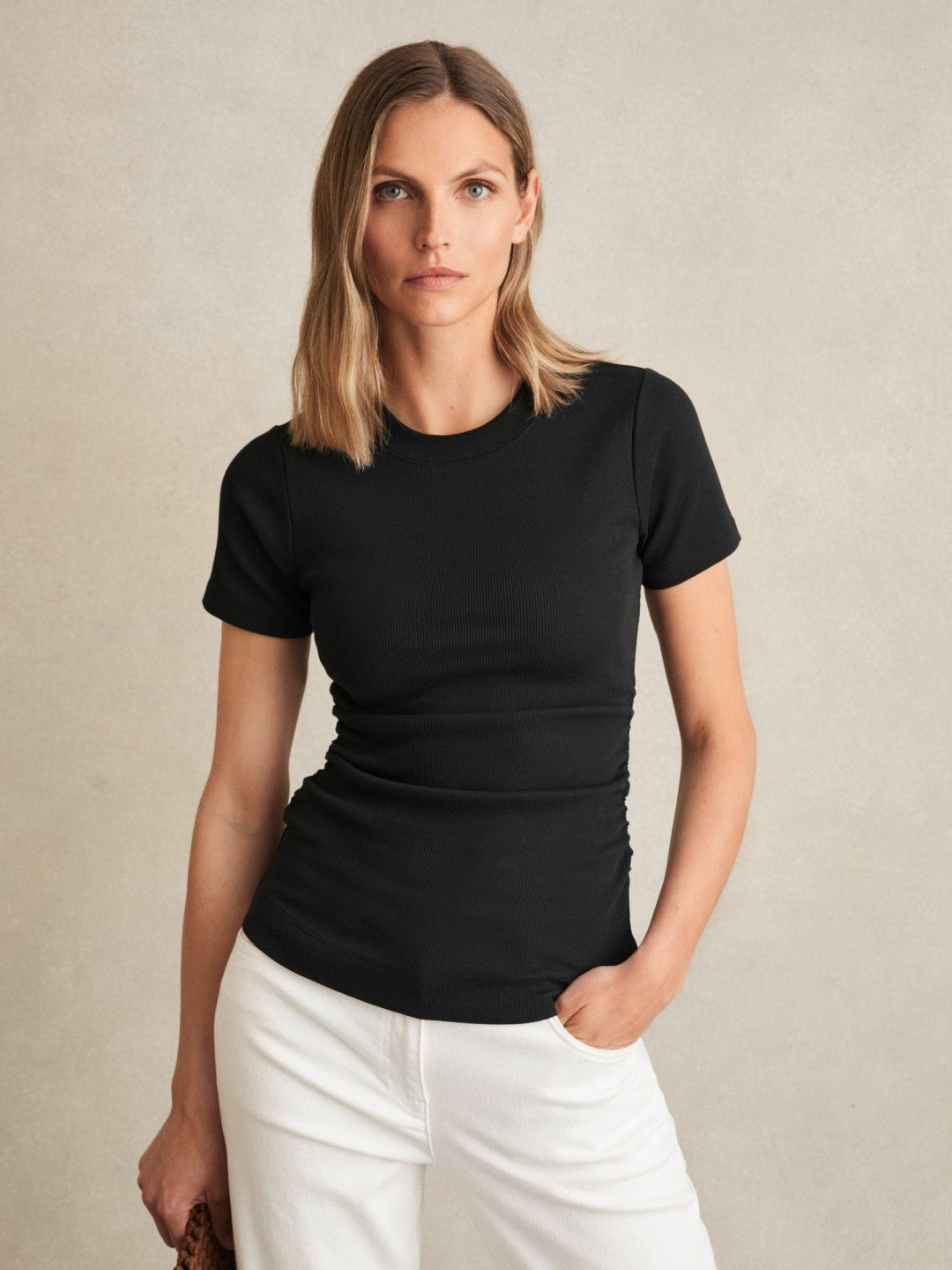 Stretch-Cotton Ruched Ribbed T-Shirt in Black Women | Reiss
