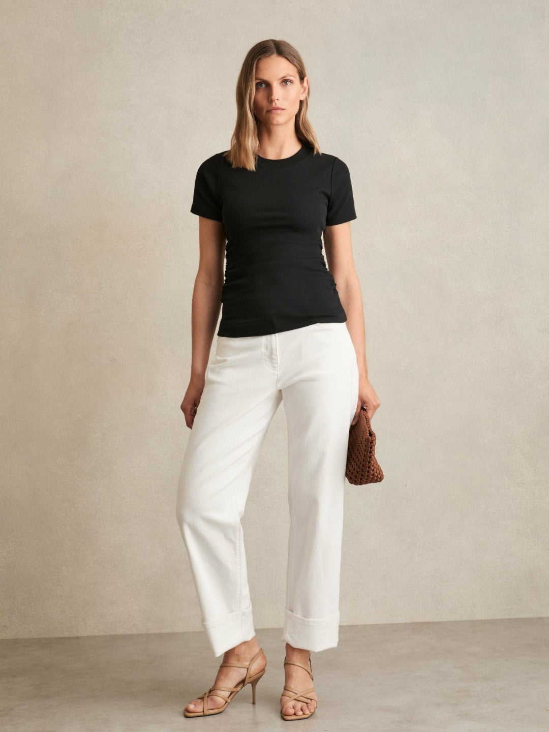 Stretch-Cotton Ruched Ribbed T-Shirt in Black Women | Reiss