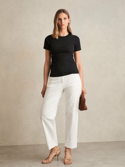 Stretch-Cotton Ruched Ribbed T-Shirt in Black Women | Reiss