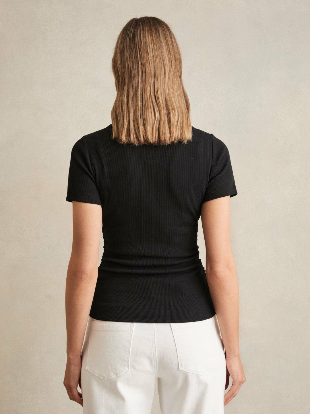 Stretch-Cotton Ruched Ribbed T-Shirt in Black Women | Reiss