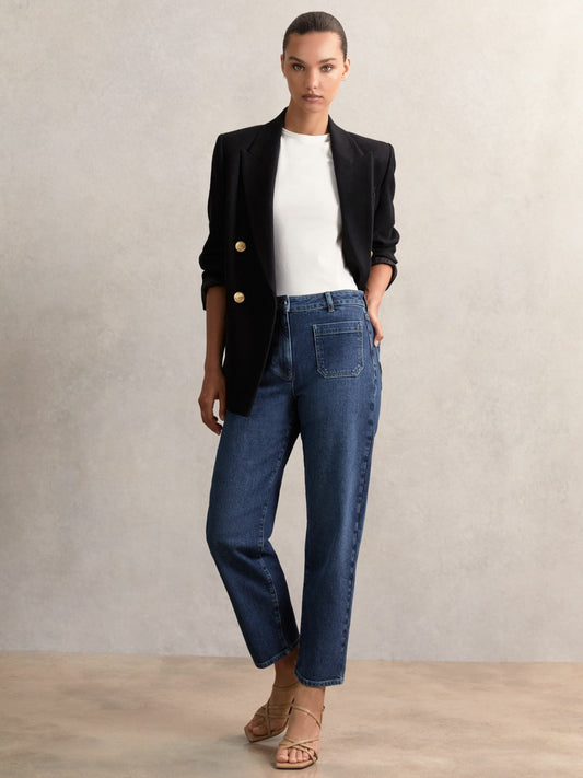 Petite Straight Leg Patch Pocket Jeans in Mid Blue Women | Reiss