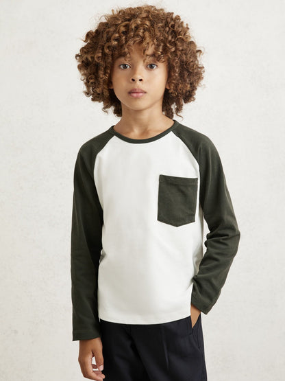 13-14 yrs Cotton Colour-Block Long-Sleeve T-Shirt in Green Children & Baby | Reiss