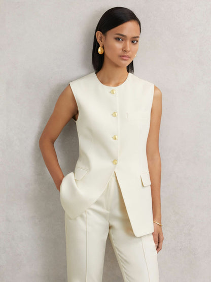 High-Neck Longline Waistcoat in Cream Women | Reiss