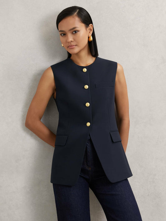 High-Neck Longline Waistcoat in Navy Women | Reiss