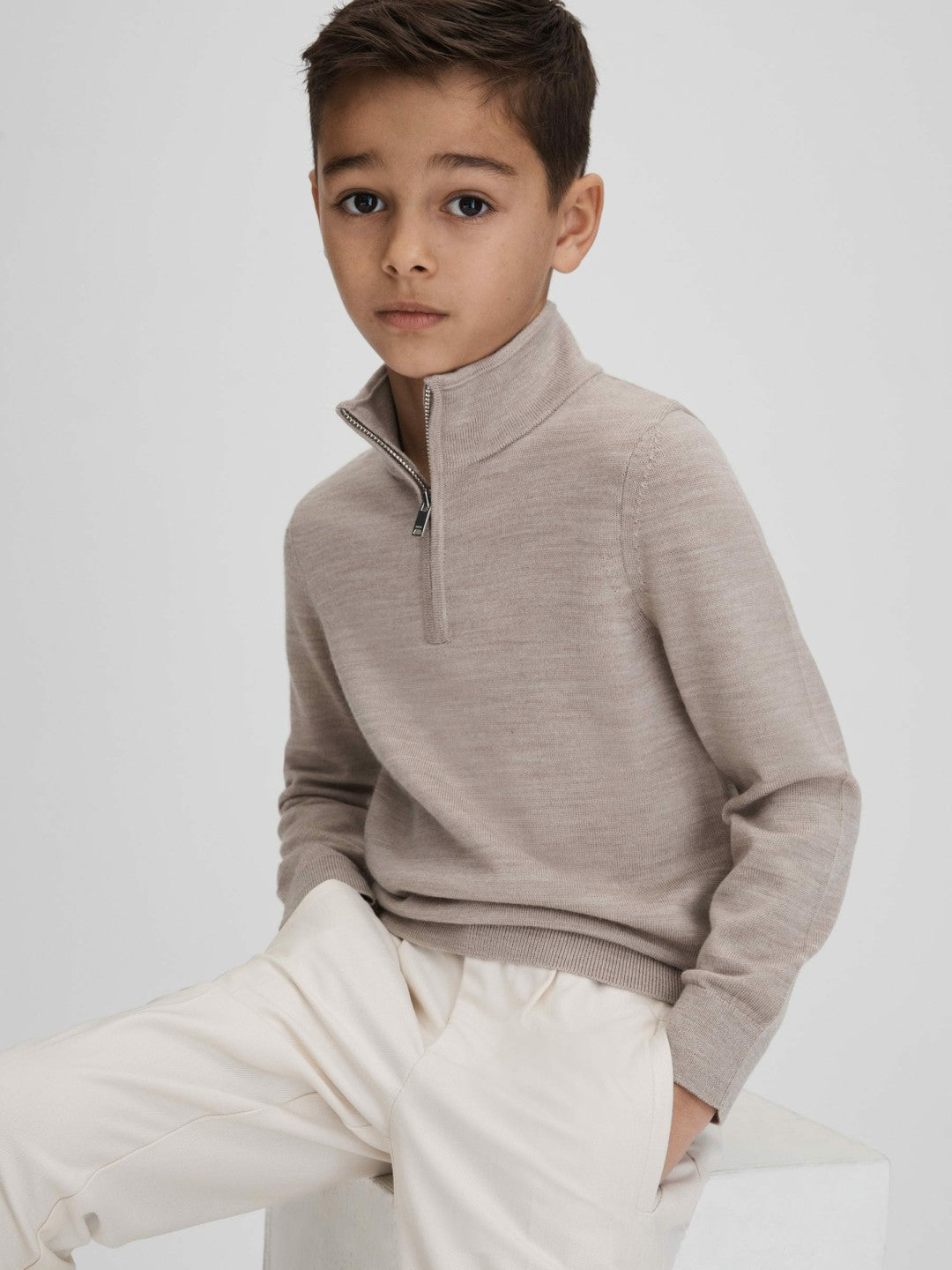 3-9 yrs Wool Half-Zip Funnel Neck Jumper in Wheat Melange Children & Baby | Reiss