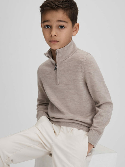 3-9 yrs Wool Half-Zip Funnel Neck Jumper in Wheat Melange Children & Baby | Reiss