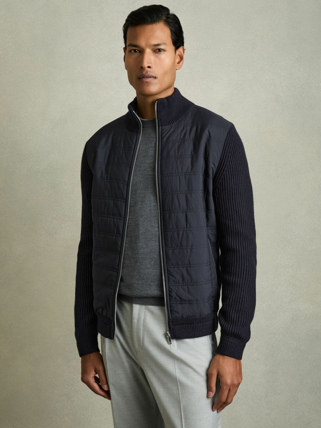 Hybrid Quilt and Knit Zip-Through Jacket in Navy Men | Reiss