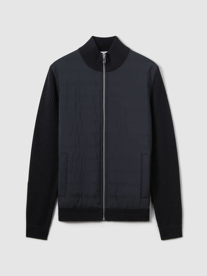 Hybrid Quilt and Knit Zip-Through Jacket in Navy Men | Reiss