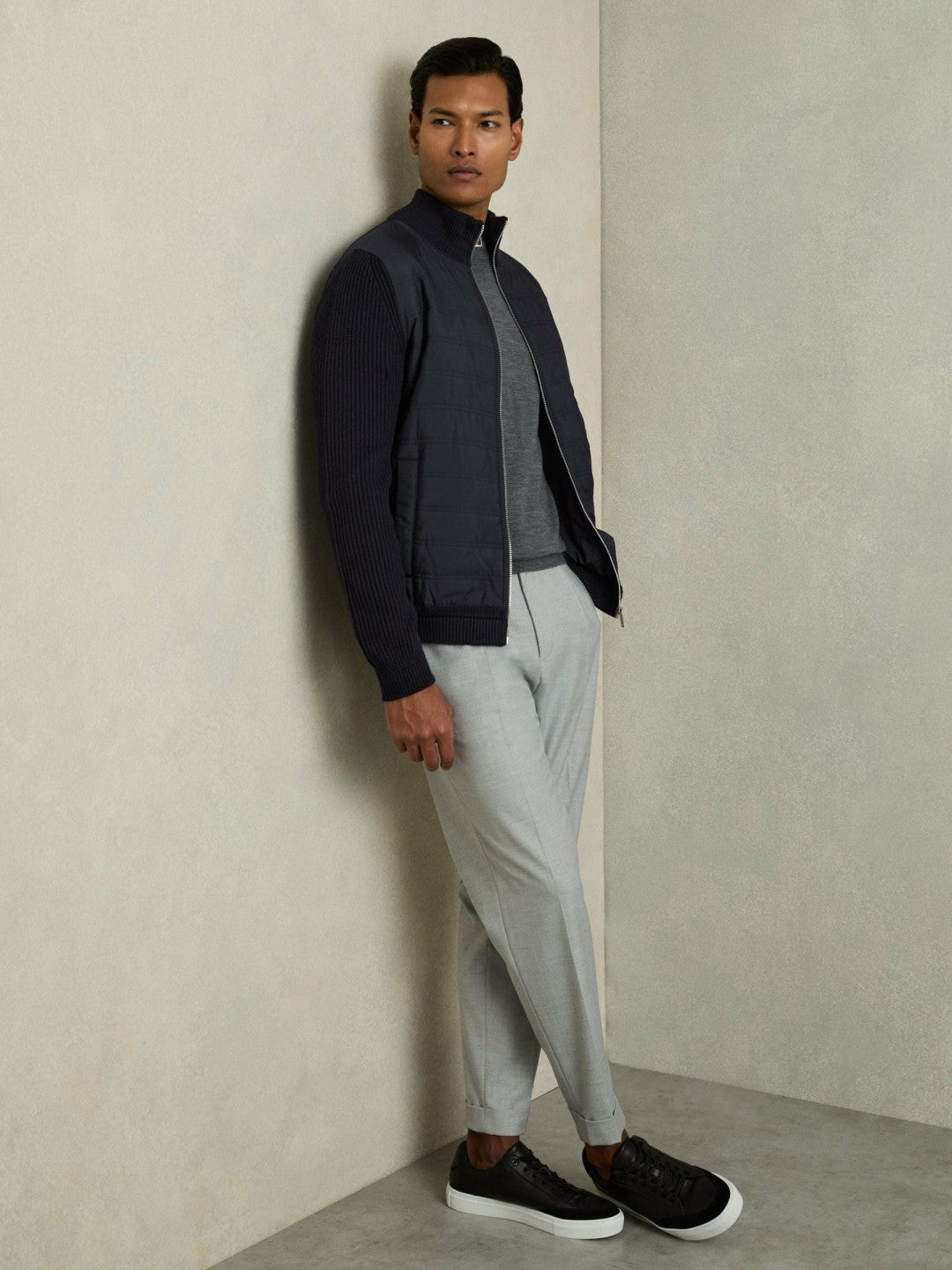 Hybrid Quilt and Knit Zip-Through Jacket in Navy Men | Reiss