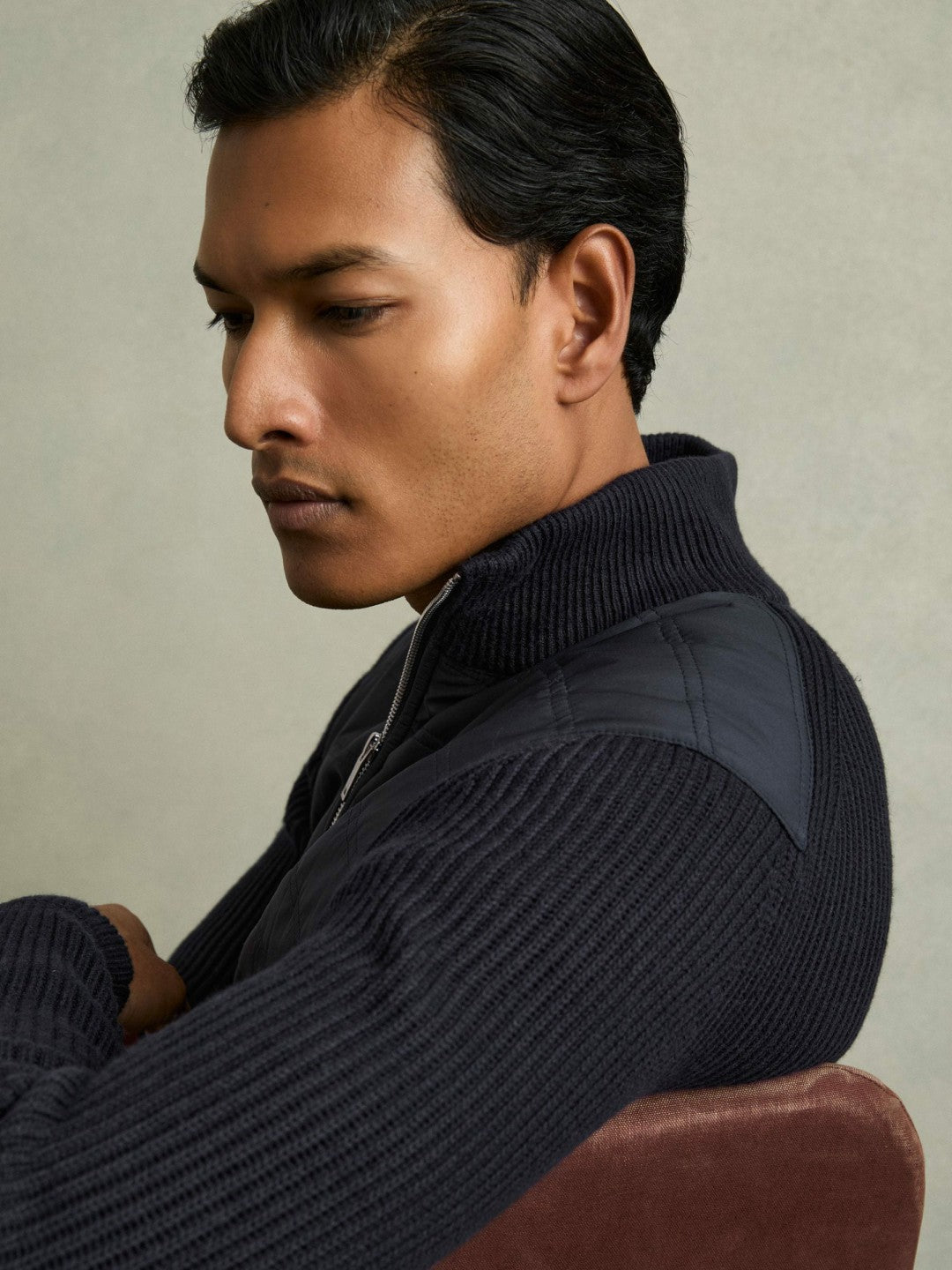Hybrid Quilt and Knit Zip-Through Jacket in Navy Men | Reiss