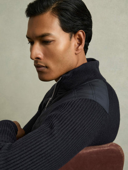 Hybrid Quilt and Knit Zip-Through Jacket in Navy Men | Reiss