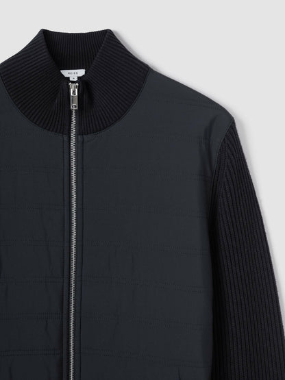 Hybrid Quilt and Knit Zip-Through Jacket in Navy Men | Reiss