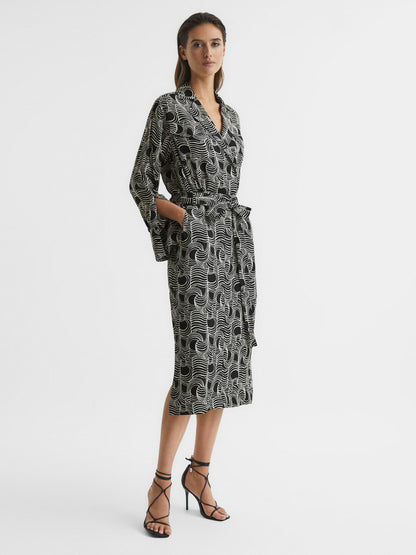 Swirl Print Midi Dress in Black/Cream Women | Reiss