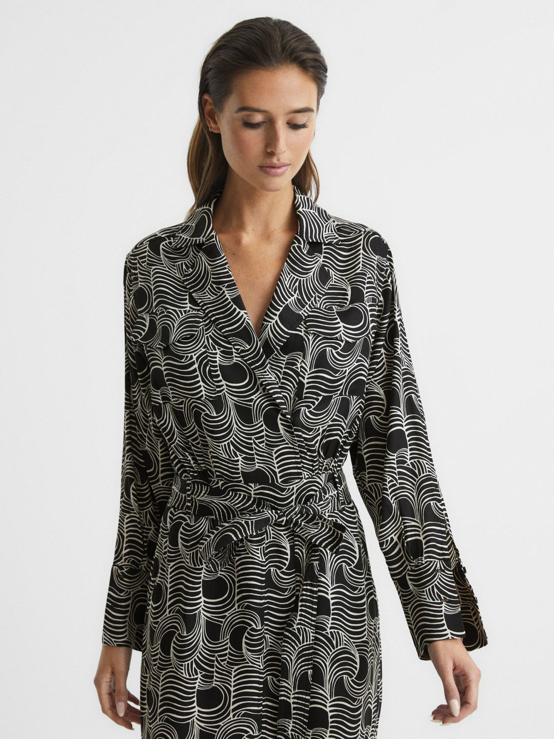 Swirl Print Midi Dress in Black/Cream Women | Reiss