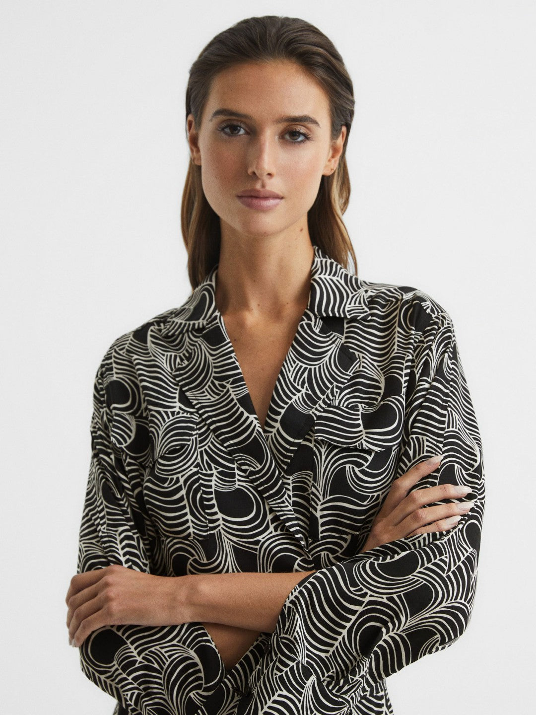 Swirl Print Midi Dress in Black/Cream Women | Reiss