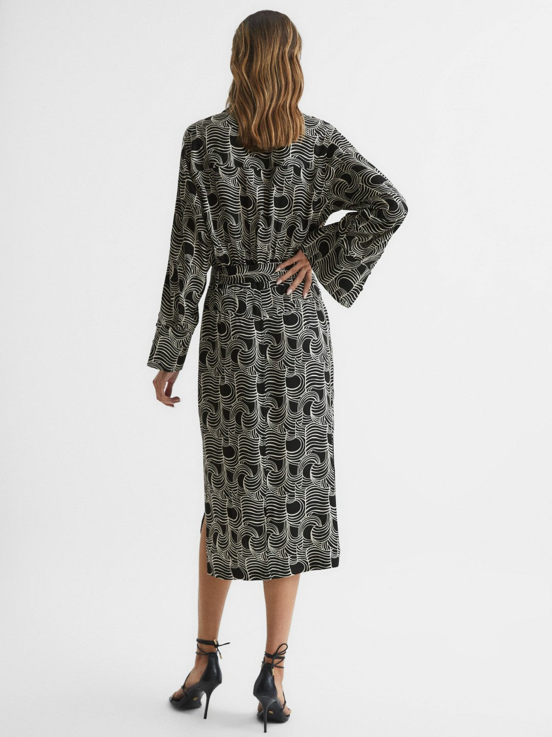 Swirl Print Midi Dress in Black/Cream Women | Reiss