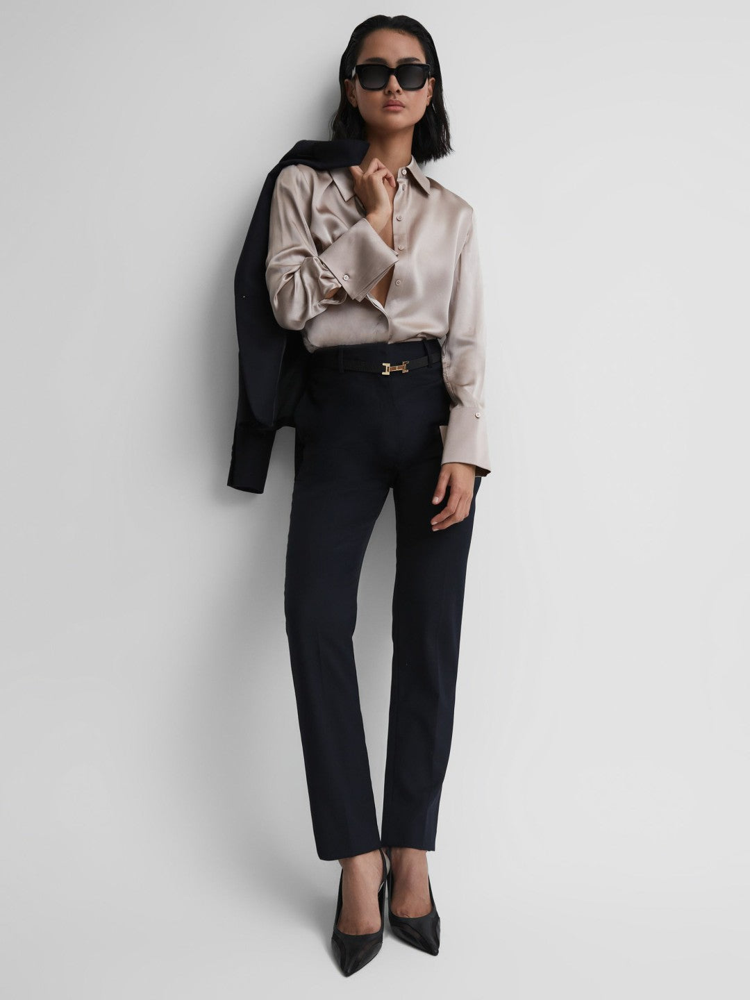 Wool Blend Tapered Suit Trousers in Navy Women | Reiss