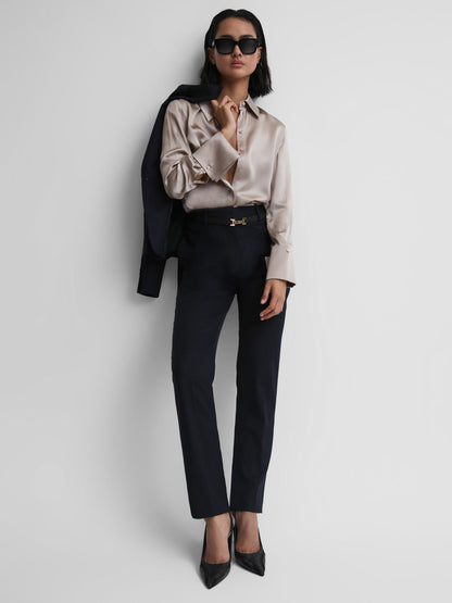 Wool Blend Tapered Suit Trousers in Navy Women | Reiss