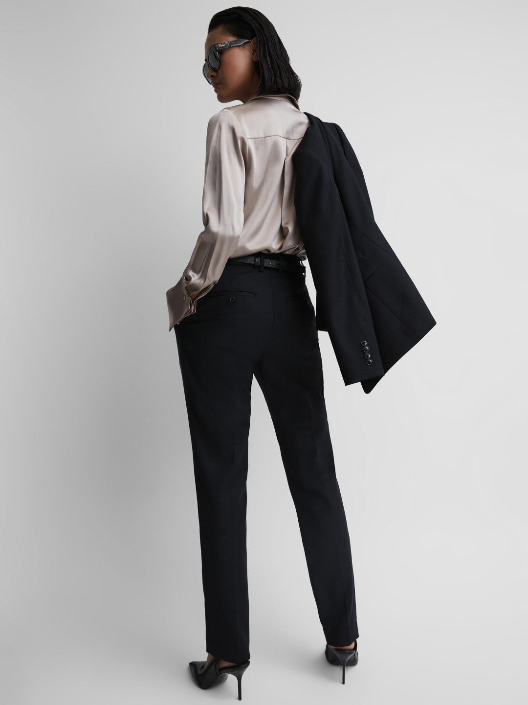Wool Blend Tapered Suit Trousers in Navy Women | Reiss