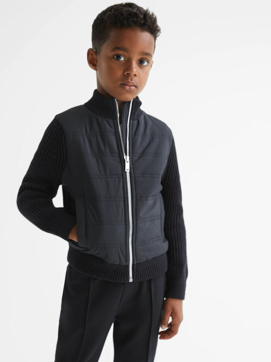 Junior Hybrid Zip Through Quilted Jacket in Navy Children & Baby | Reiss