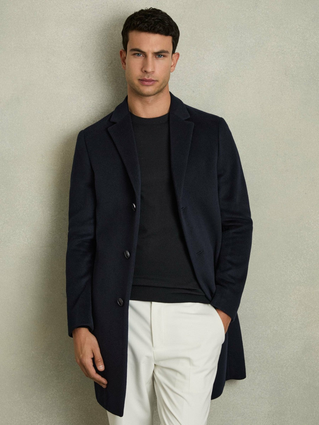 Wool Blend Single Breasted Epsom Overcoat in Navy Men | Reiss