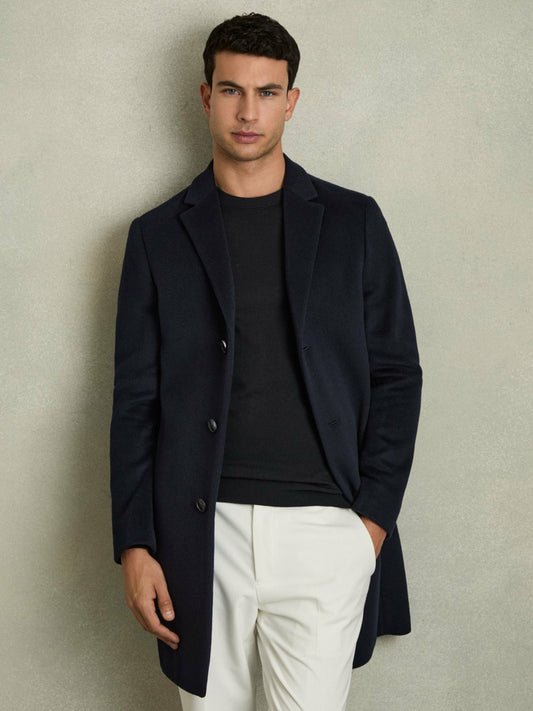 Wool Blend Single Breasted Epsom Overcoat in Navy Men | Reiss