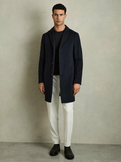 Wool Blend Single Breasted Epsom Overcoat in Navy Men | Reiss