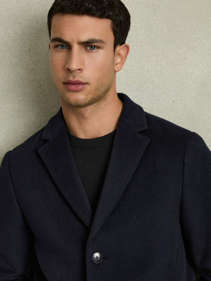 Wool Blend Single Breasted Epsom Overcoat in Navy Men | Reiss