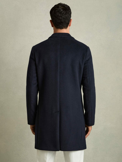 Wool Blend Single Breasted Epsom Overcoat in Navy Men | Reiss