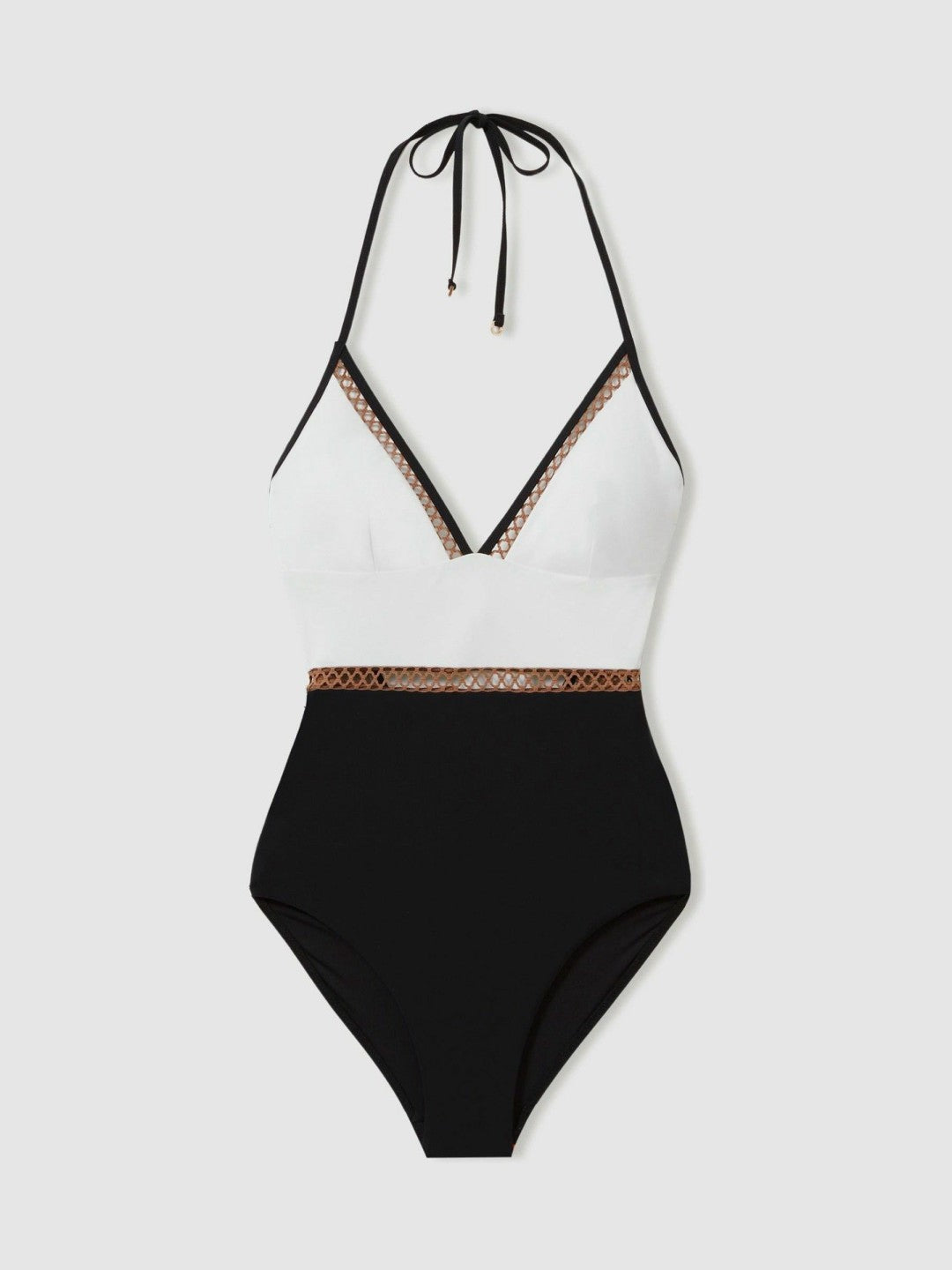 Colourblock Halter Swimsuit in White/Tan Women | Reiss