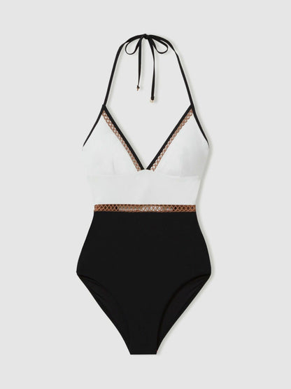 Colourblock Halter Swimsuit in White/Tan Women | Reiss